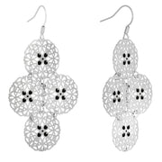 Silver Black Round Filigree Dangle Earrings