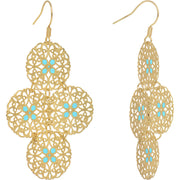 Gold Turquoise Color Round Filigree Dangle Earrings