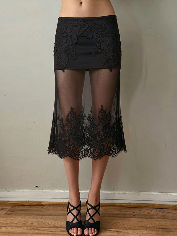 Lace-Trimmed Tulle Maxi Skirt
