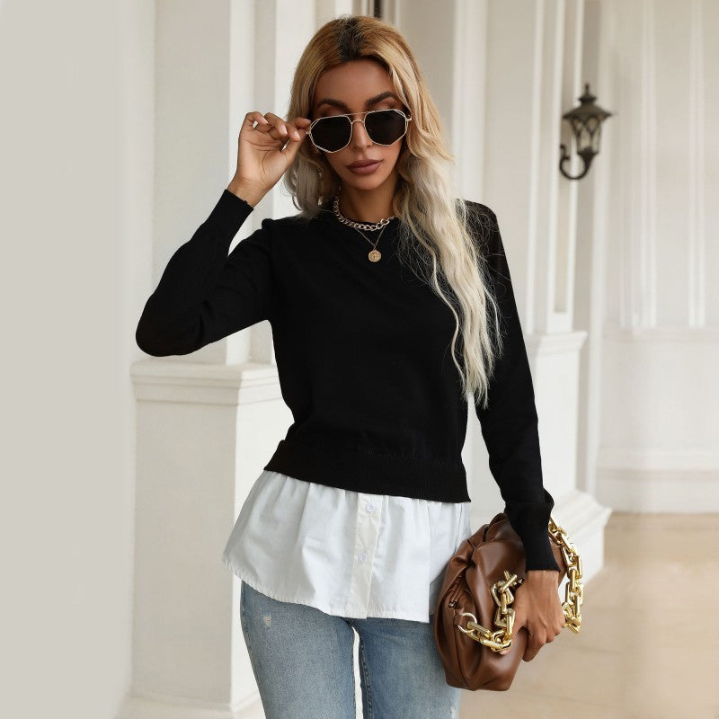 women's slim knitted stitching shirt fake two-piece sweater - Closther