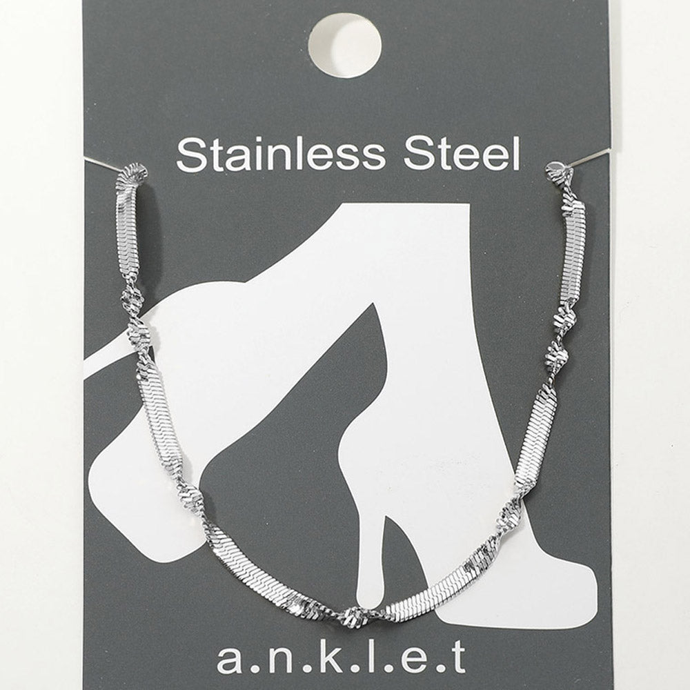 Stainless Steel Twist Accent Herringbone Chain Anklet