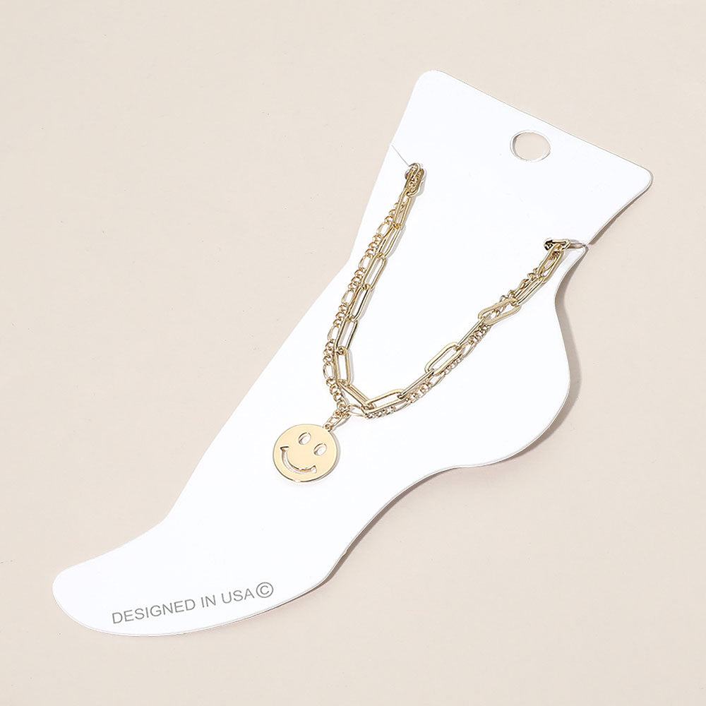 Smiley Face Charm Accent Layered Chain Anklet