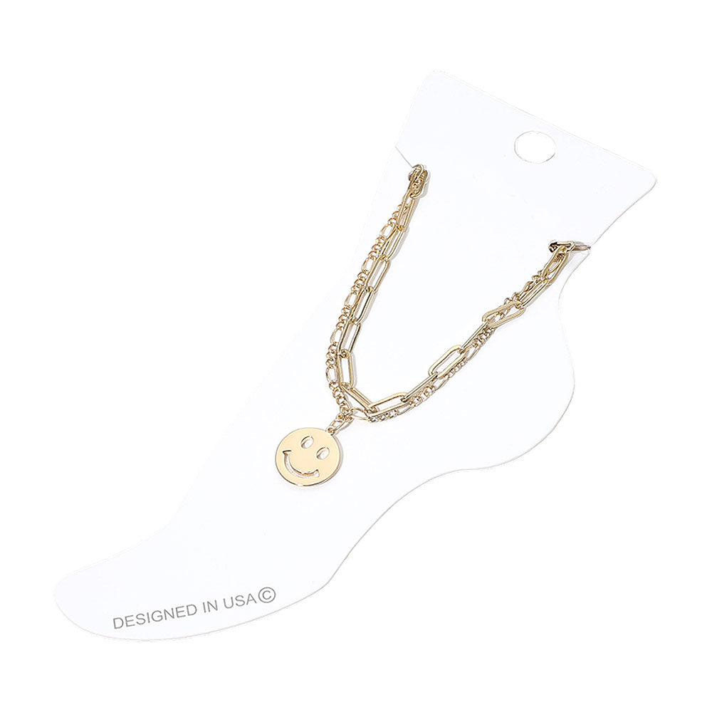 Smiley Face Charm Accent Layered Chain Anklet