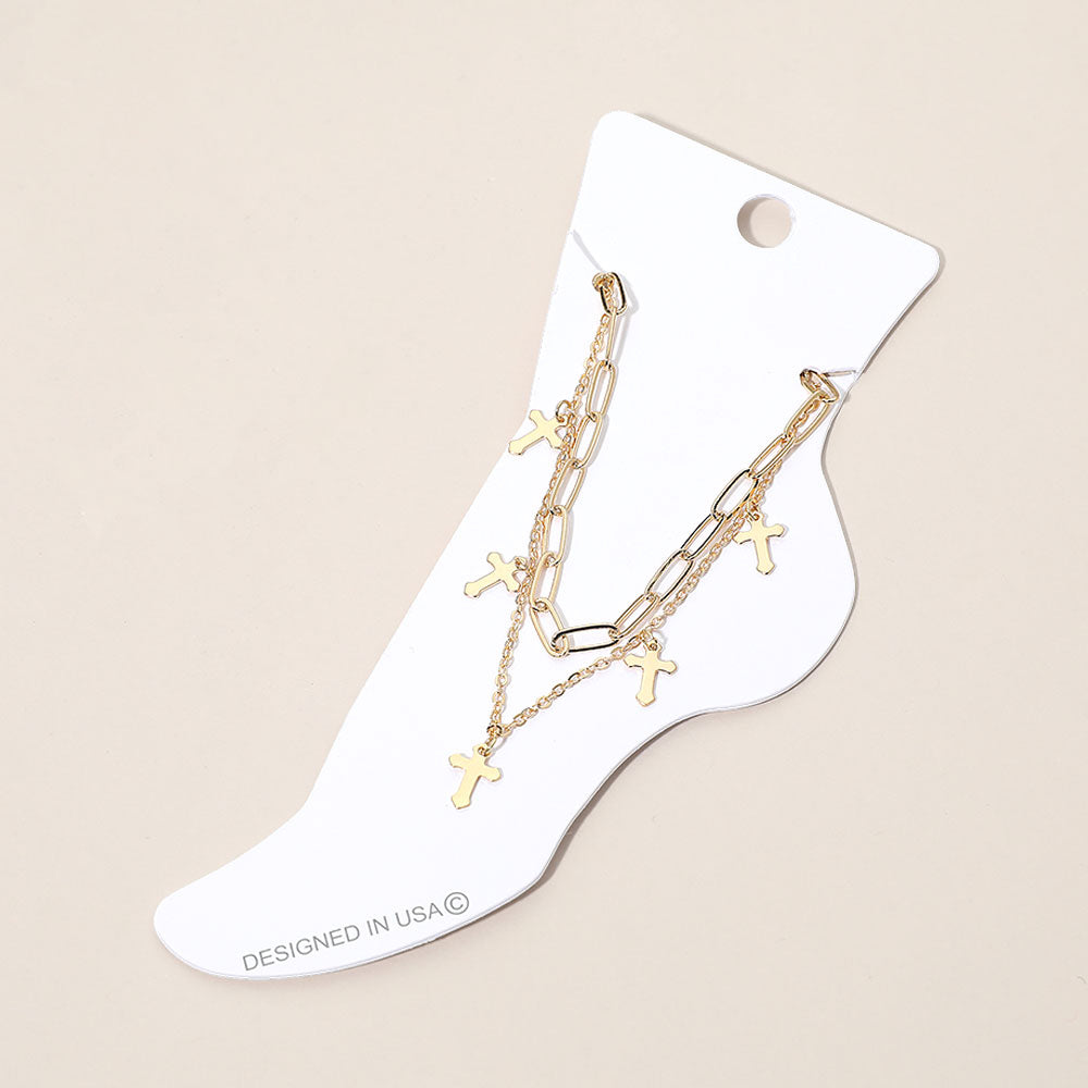 Cross Charm Station Layered Chain Anklet