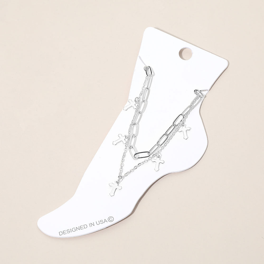 Cross Charm Station Layered Chain Anklet
