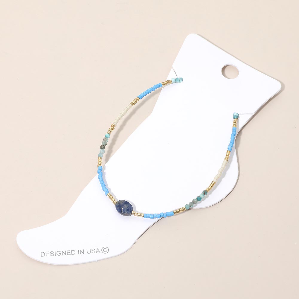 Oval Stone Accent Faceted Beaded Anklet