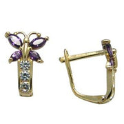 14k Yellow Gold Butterfly February Birthstone Leverback Earrings