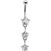 16G Solid 14k White Gold Zirconia Trio Star Belly Ring