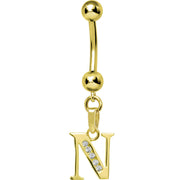 16G Solid 14k Yellow Gold CZ Initial N Belly Ring