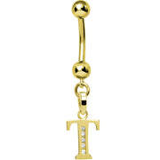16G Solid 14k Yellow Gold CZ Initial T Belly Ring