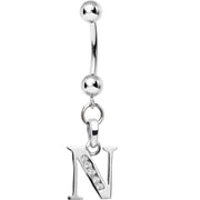16G Solid 14k White Gold CZ Initial N Belly Ring