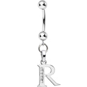16G Solid 14k White Gold CZ Initial R Belly Ring