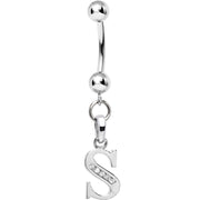 16G Solid 14k White Gold CZ Initial S Belly Ring