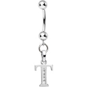 16G Solid 14k White Gold CZ Initial T Belly Ring