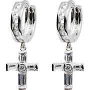 Sterling Silver Baguette CZ Cross Huggy Earrings