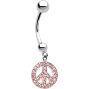 16G 14k White Gold  Pink CZ Peace Sign Belly Ring