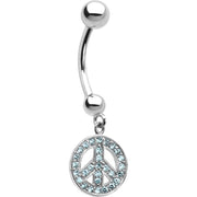 16G 14k White Gold  Aqua CZ Peace Sign Belly Ring