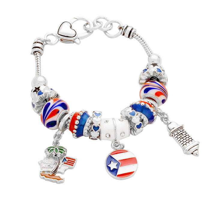 Puerto Rico Flag Charm Multi Bead Bracelet