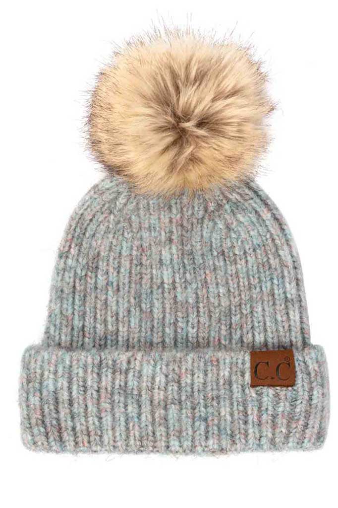 C.C Classic Rib Beanie With Faux Fur Pom