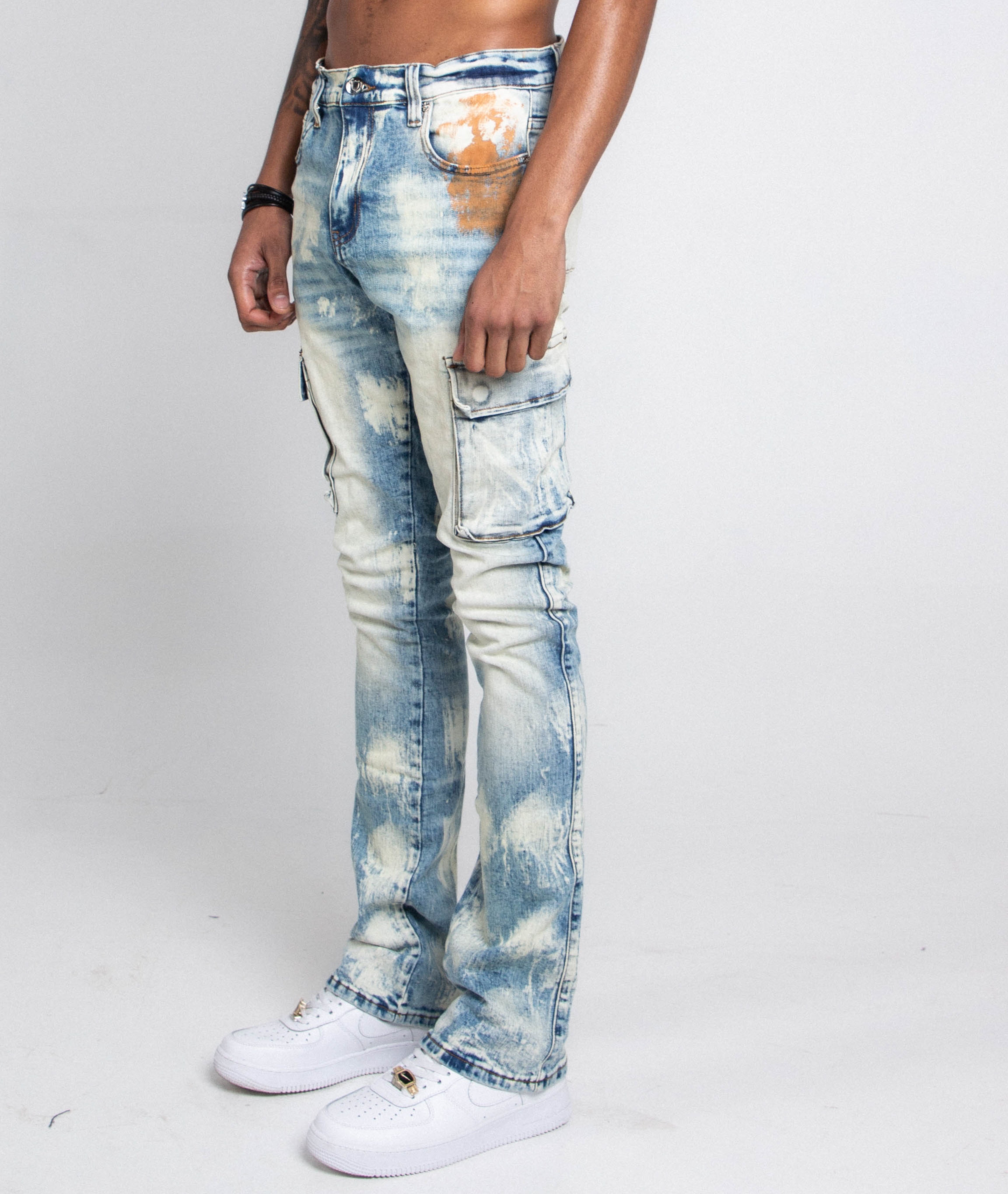 AJ29SK GREY/WHITE WASH STACKED CARGO JEANS