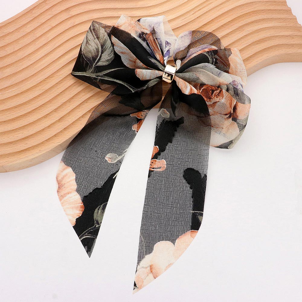 Oversized Sheer Floral Print Bow Barrette