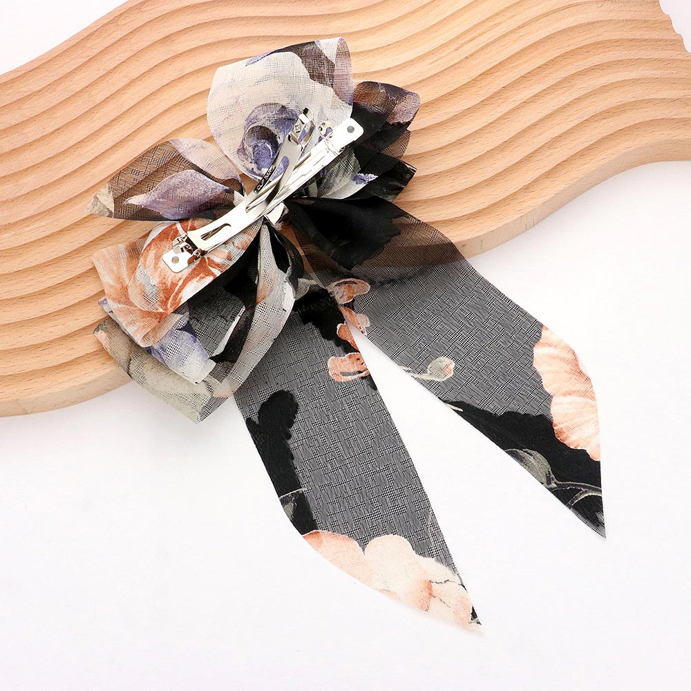 Oversized Sheer Floral Print Bow Barrette