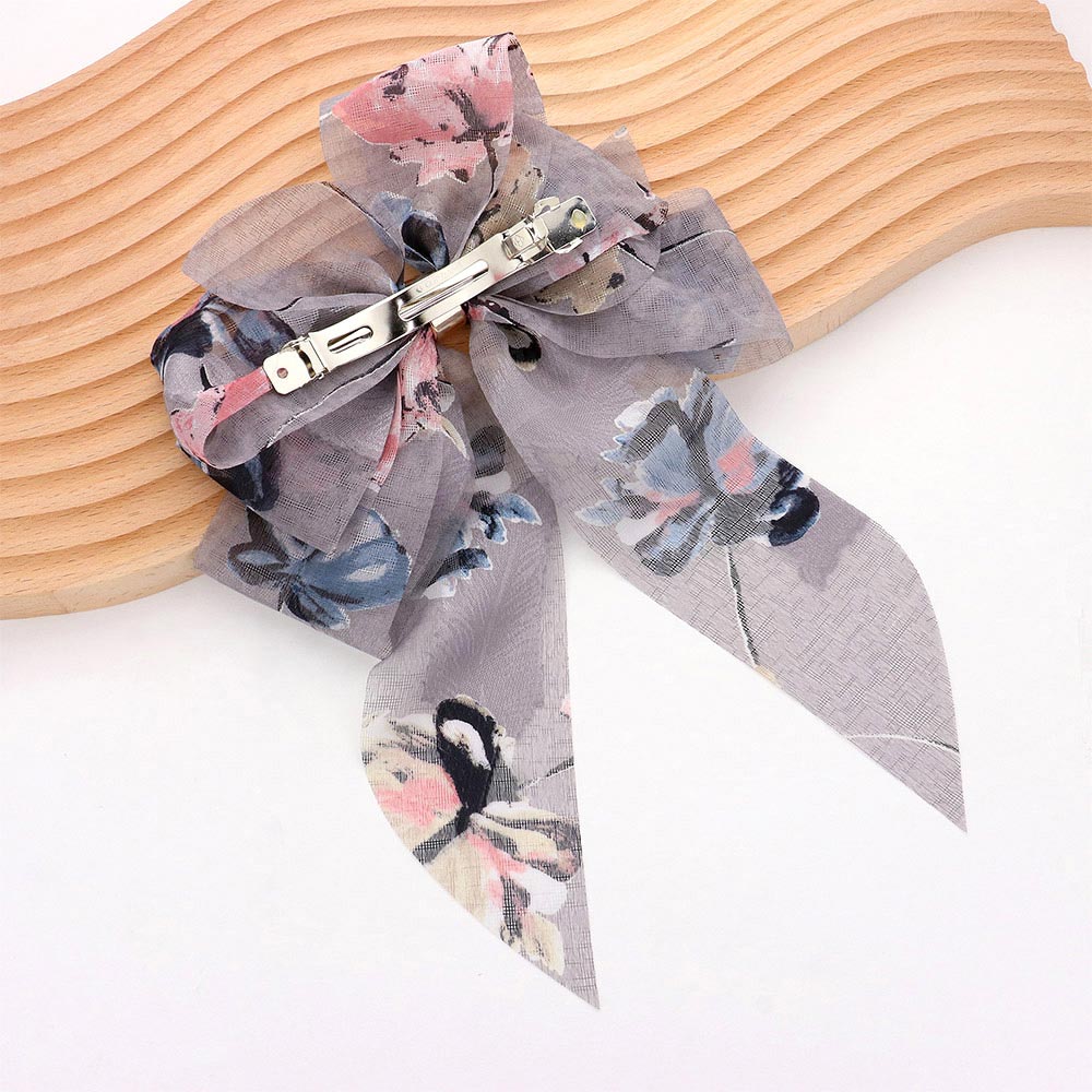 Oversized Sheer Floral Print Bow Barrette