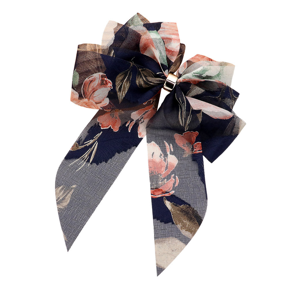 Oversized Sheer Floral Print Bow Barrette