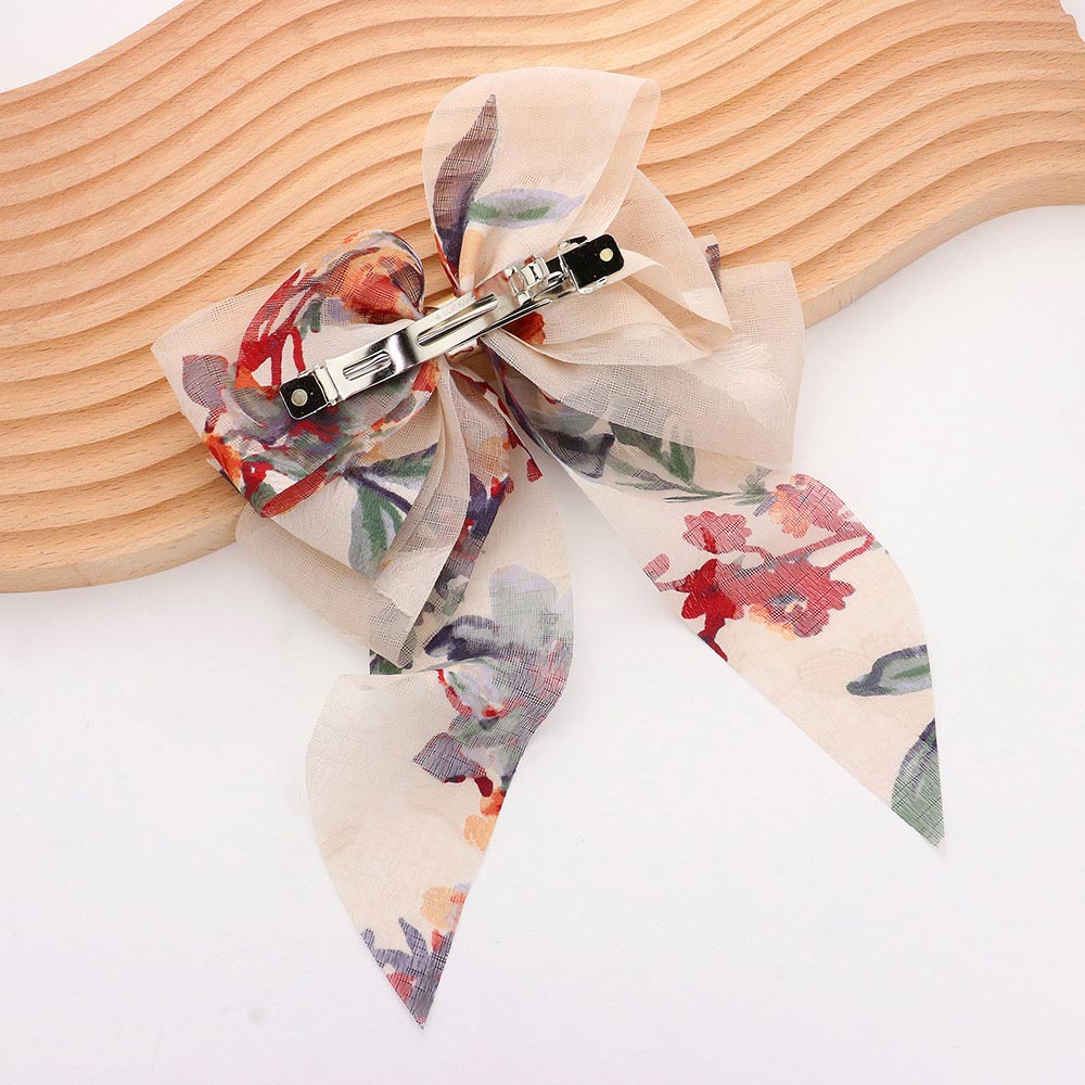 Oversized Sheer Floral Print Bow Barrette