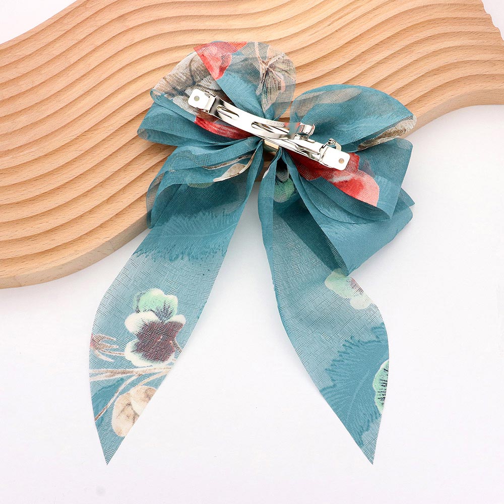 Oversized Sheer Floral Print Bow Barrette