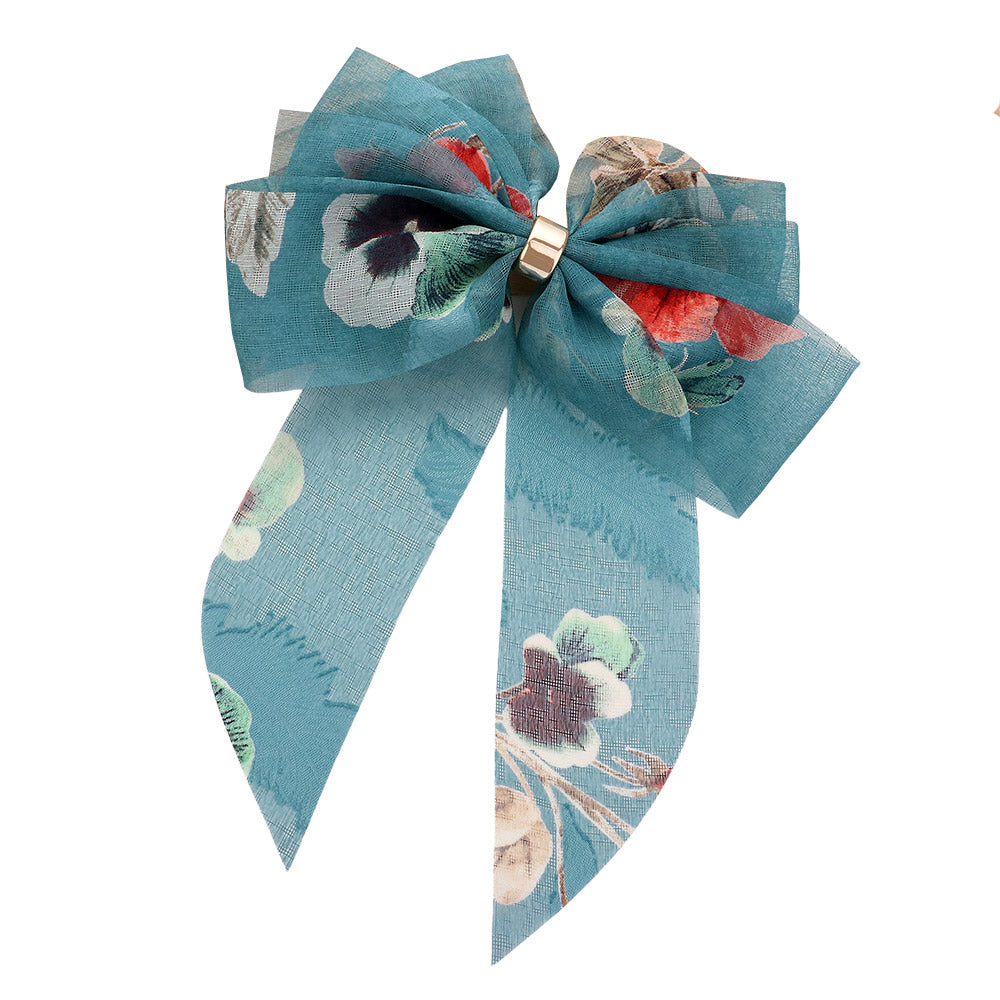 Oversized Sheer Floral Print Bow Barrette