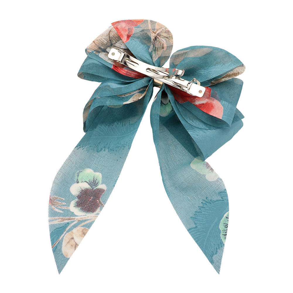 Oversized Sheer Floral Print Bow Barrette