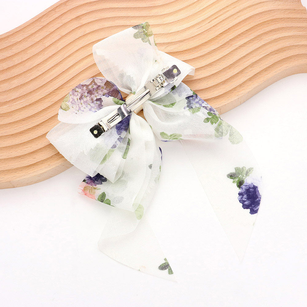 Oversized Sheer Floral Print Bow Barrette