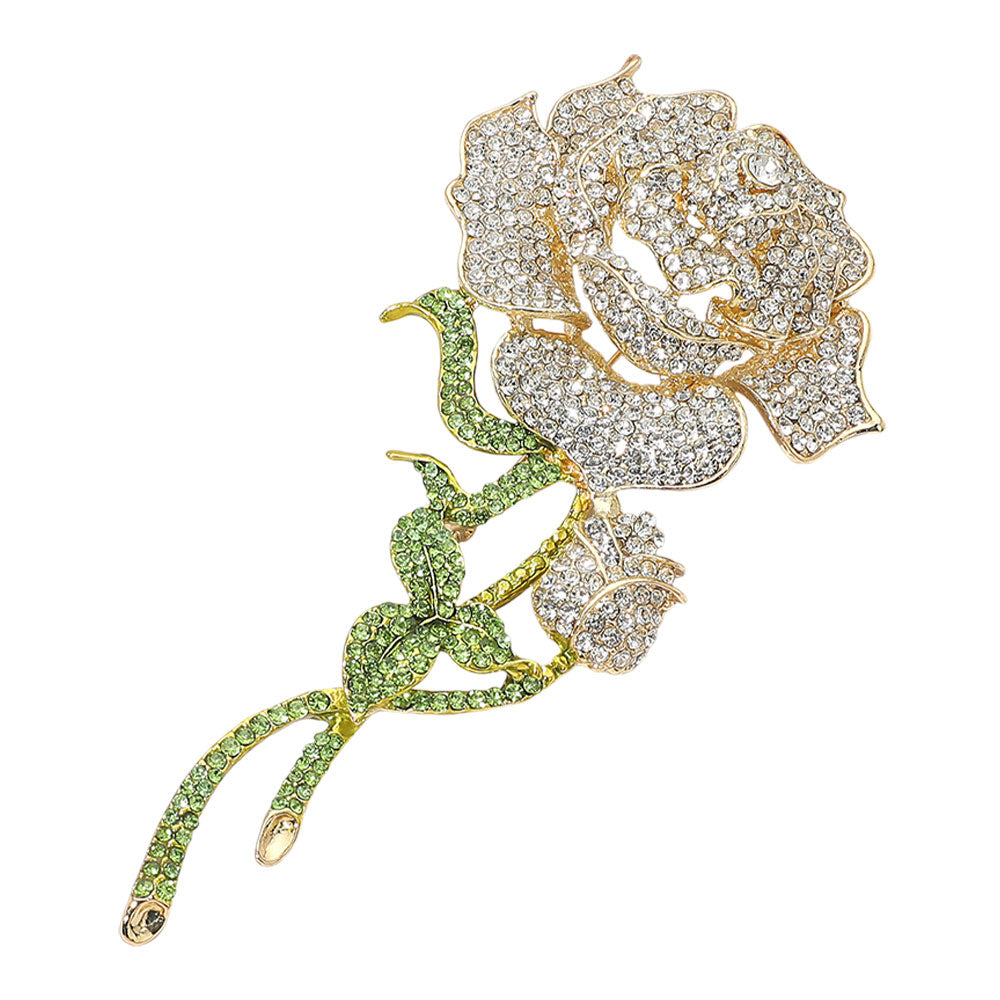 Bold Elegant Rhinestone Rose Stem Pin Brooch