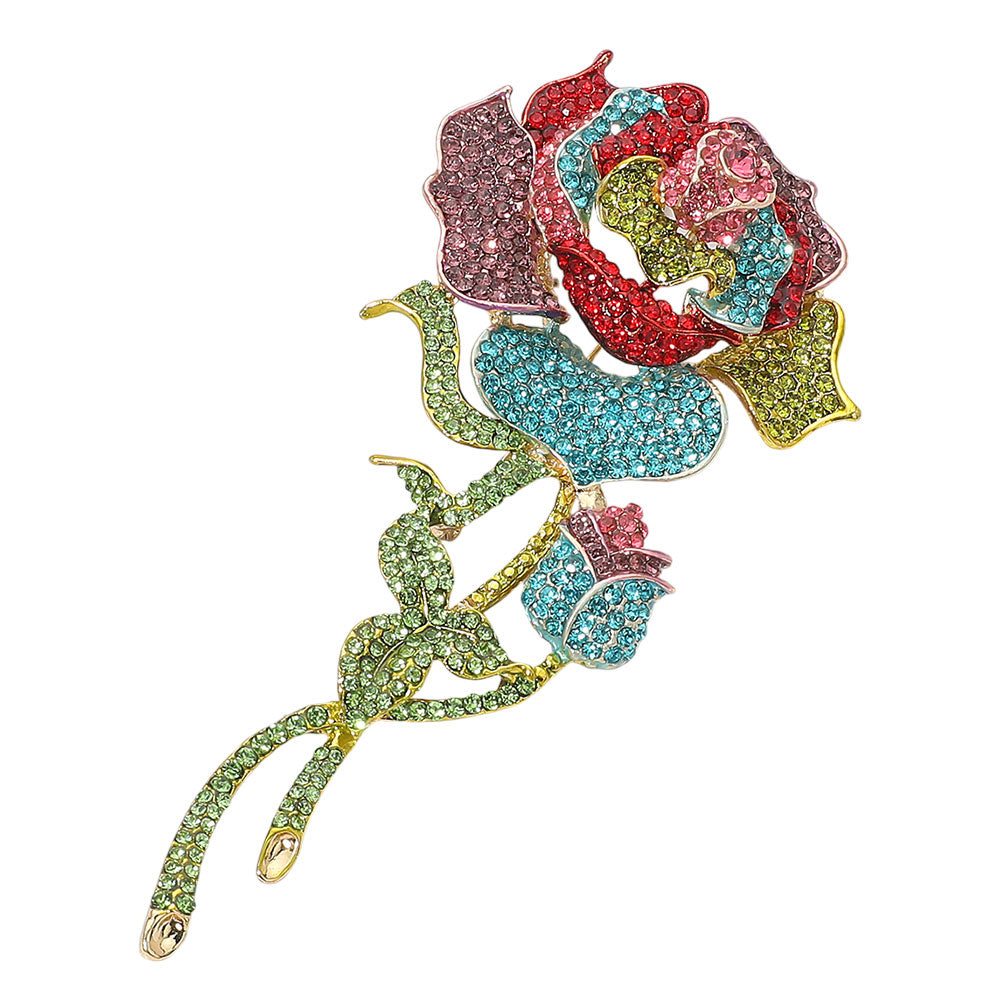 Bold Elegant Rhinestone Rose Stem Pin Brooch