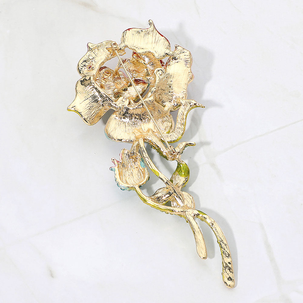 Bold Elegant Rhinestone Rose Stem Pin Brooch