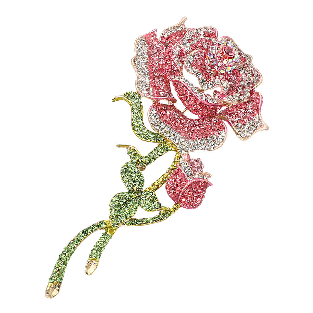 Bold Elegant Rhinestone Rose Stem Pin Brooch