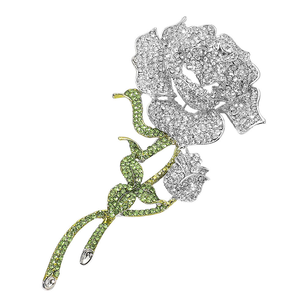 Bold Elegant Rhinestone Rose Stem Pin Brooch