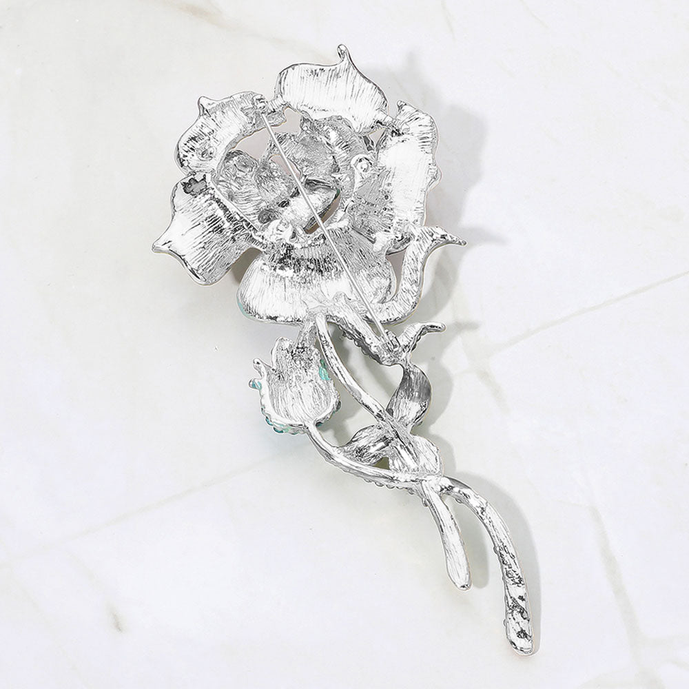 Bold Elegant Rhinestone Rose Stem Pin Brooch