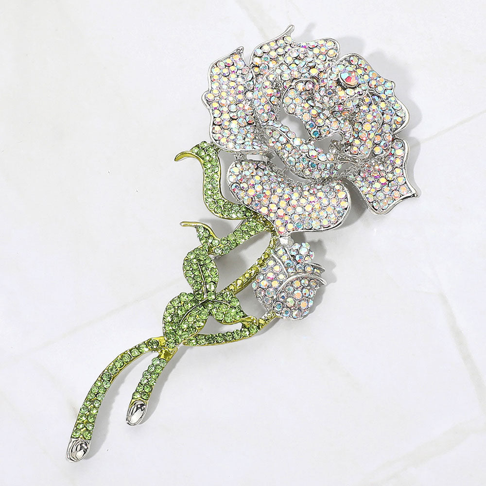 Bold Elegant Rhinestone Rose Stem Pin Brooch