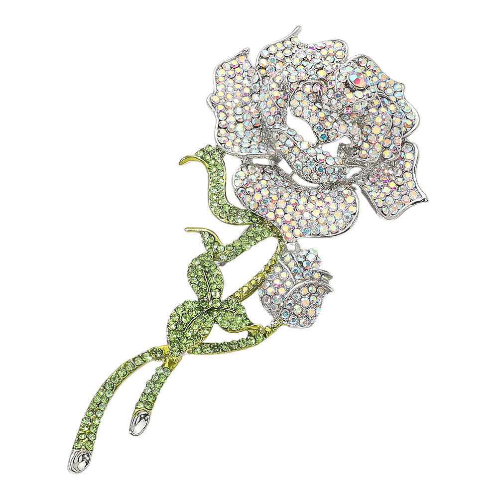 Bold Elegant Rhinestone Rose Stem Pin Brooch