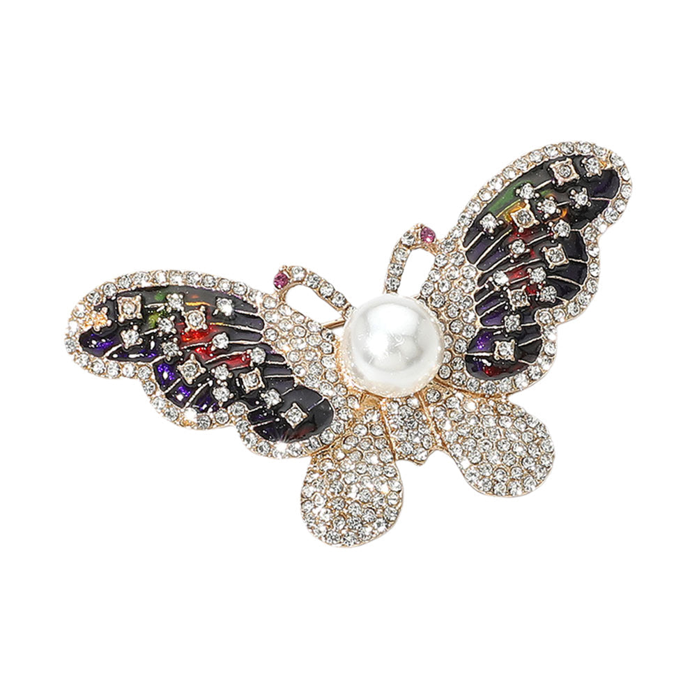 Pearl Rhinestone Pave Butterfly Pin Brooch