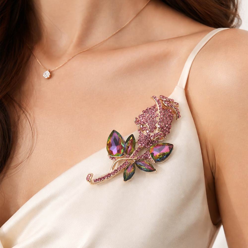 Multi Stone Embellished Metal Tulip Flower Pin Brooch