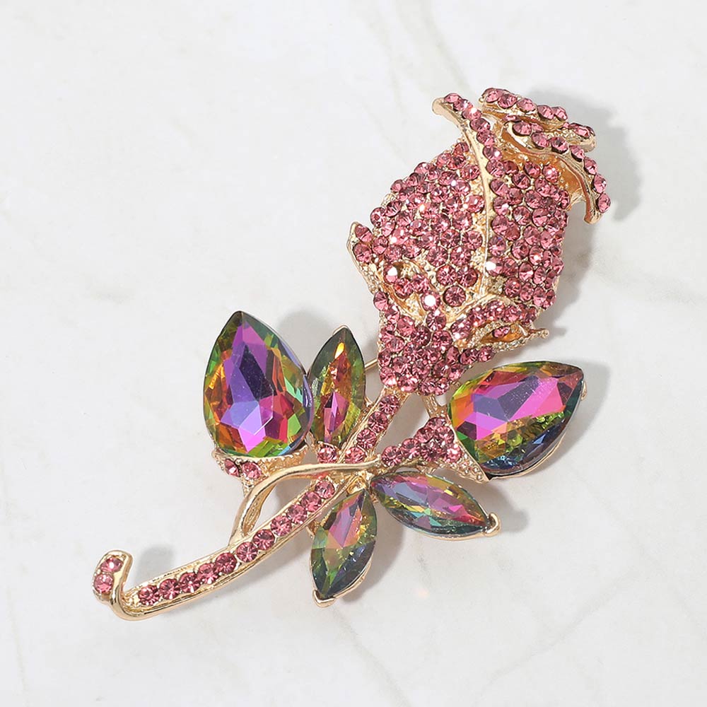 Multi Stone Embellished Metal Tulip Flower Pin Brooch