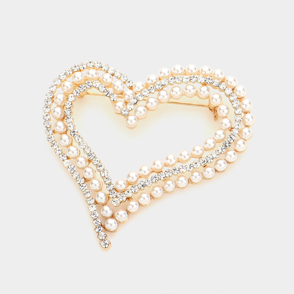 Pearl Rhinestone Embellished Open Heart Pin Brooch