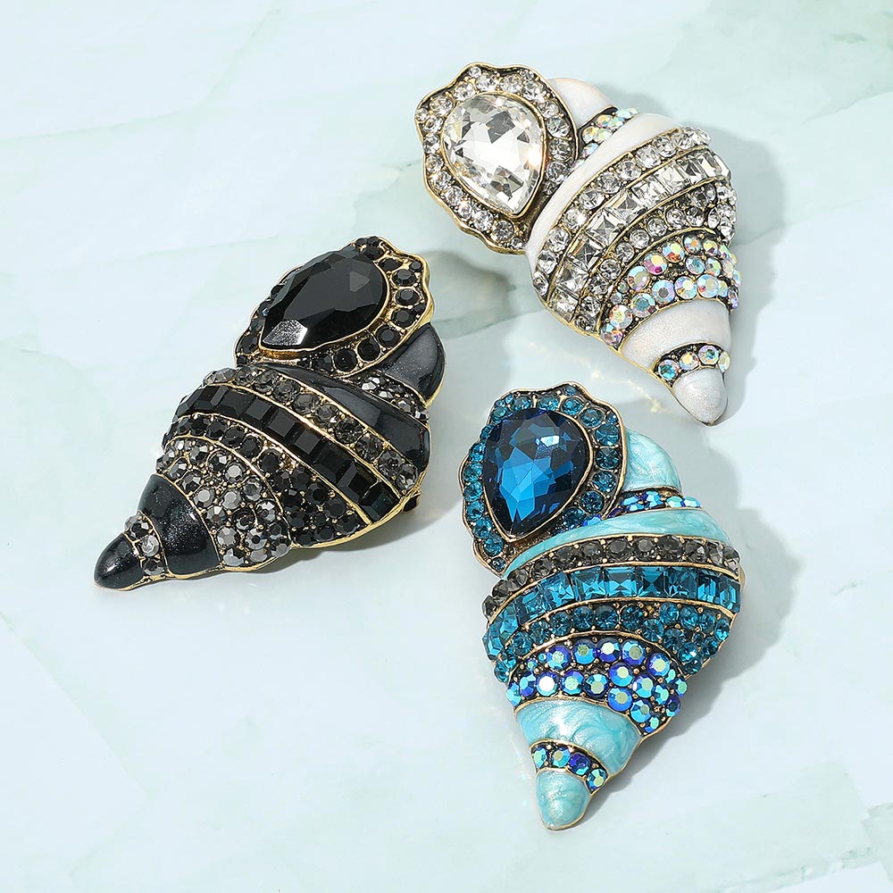 Stone Embellished Enamel Conch Seashell Pin Brooch