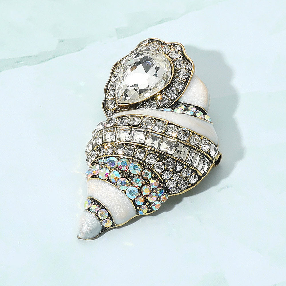 Stone Embellished Enamel Conch Seashell Pin Brooch