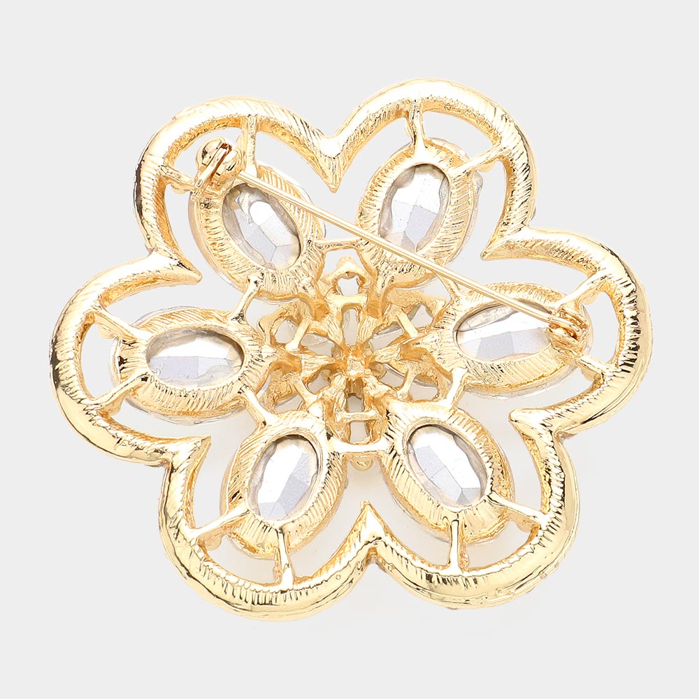 Oval Glass Stone Accented Rhinestone Paved Flower Pin Brooch