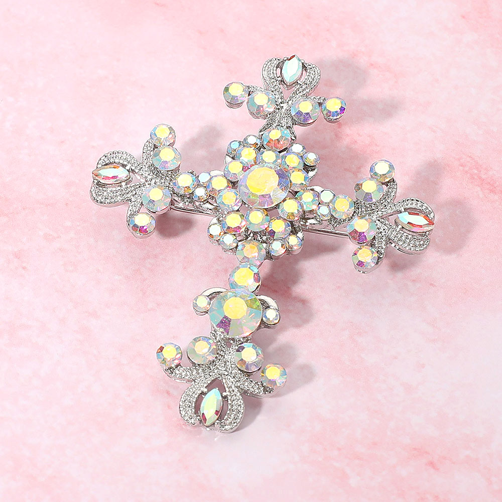 Elegant Stone Embellished Cross Pin Brooch