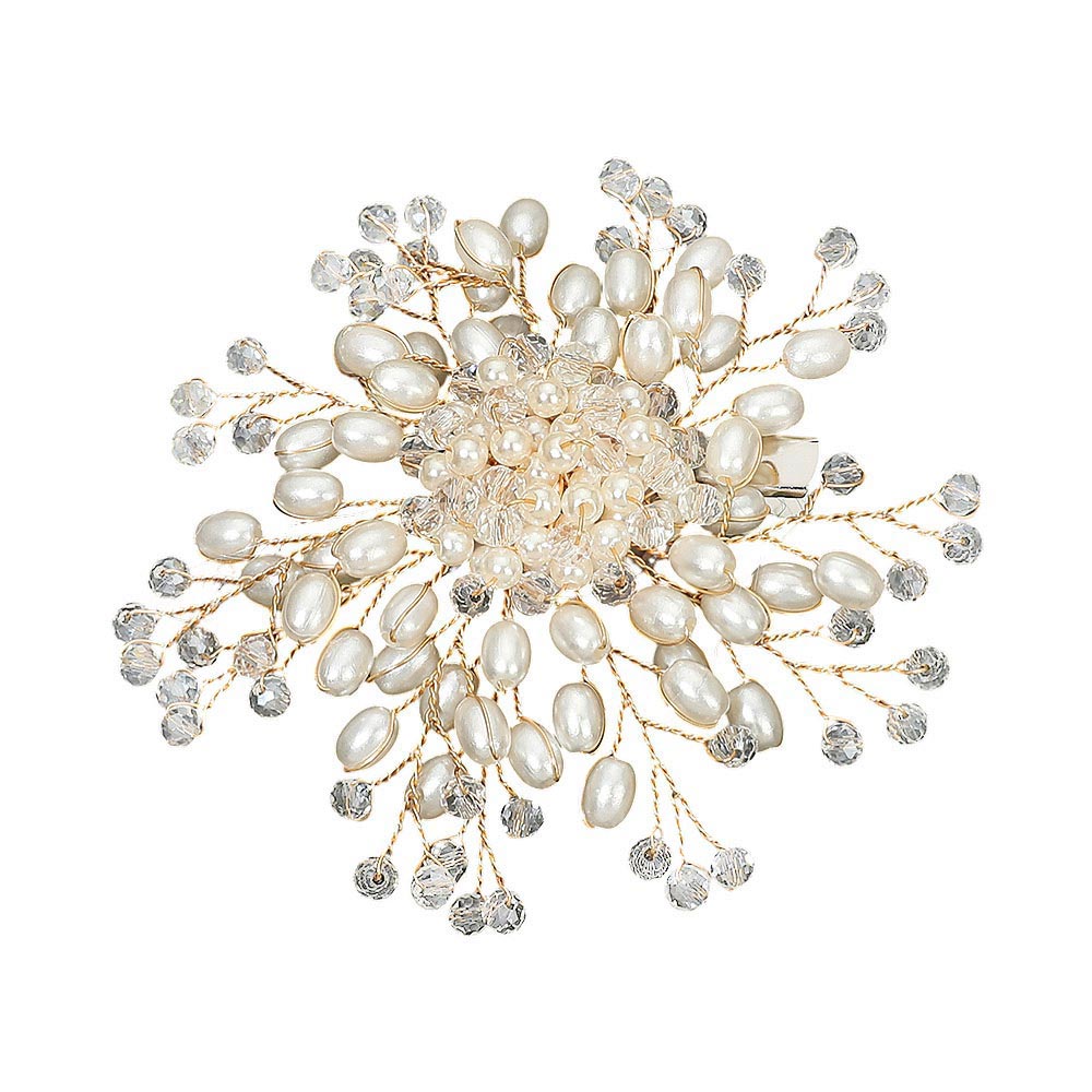 Pearl Faceted Bead Burst Floral Pin Brooch Alligator Snap Hair Clip